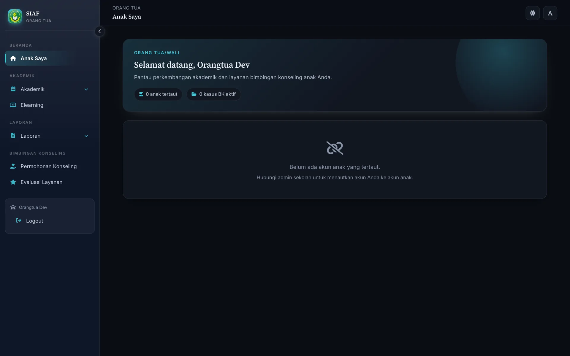 Tampilan Portal Orang Tua — Perkembangan akademik & konseling anak